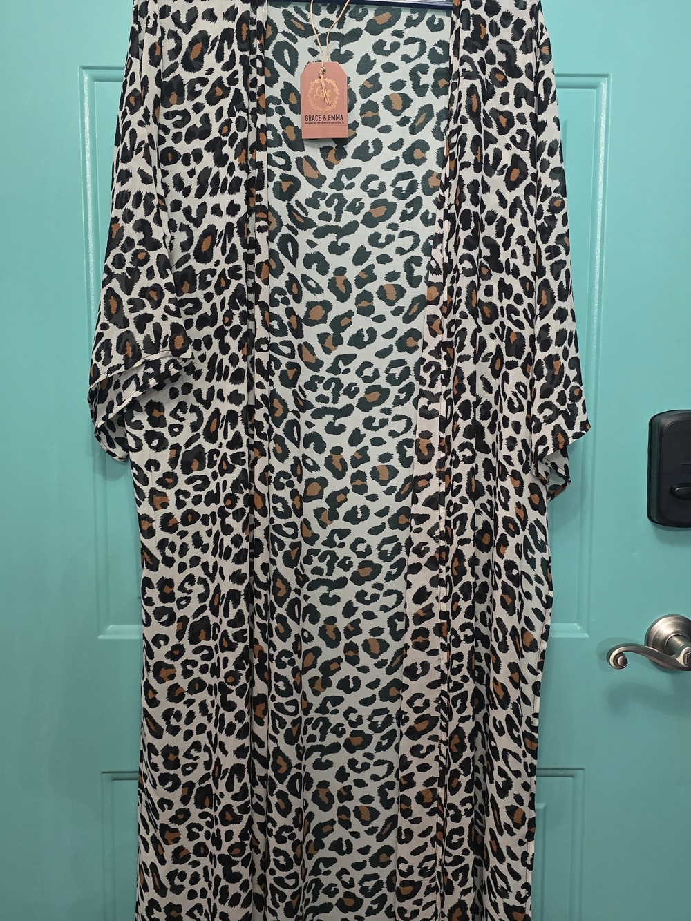 Women's Leopard Print Kimono Duster - Cream/Tan/Black